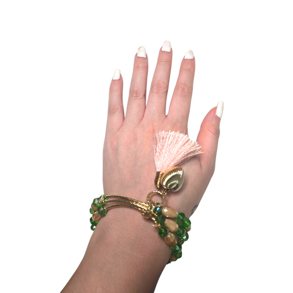 Rubylishious 
Handmade green, and beige glass charms bracelet 
3 layered bracele - Picture 2 of 3